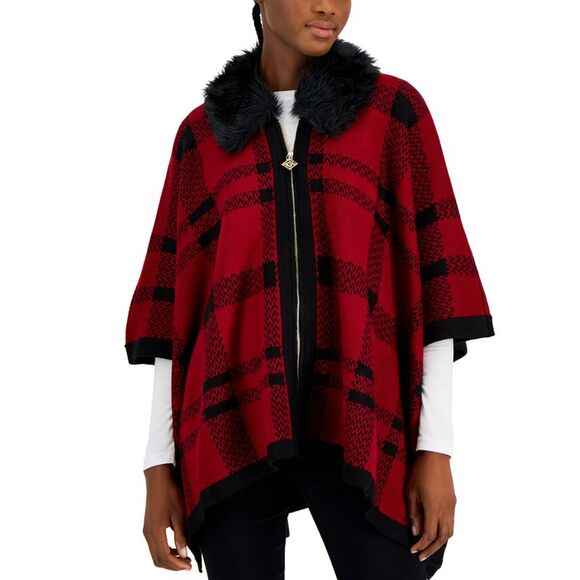 Petite Plaid Zip-Front Poncho With Faux-Fur Trim